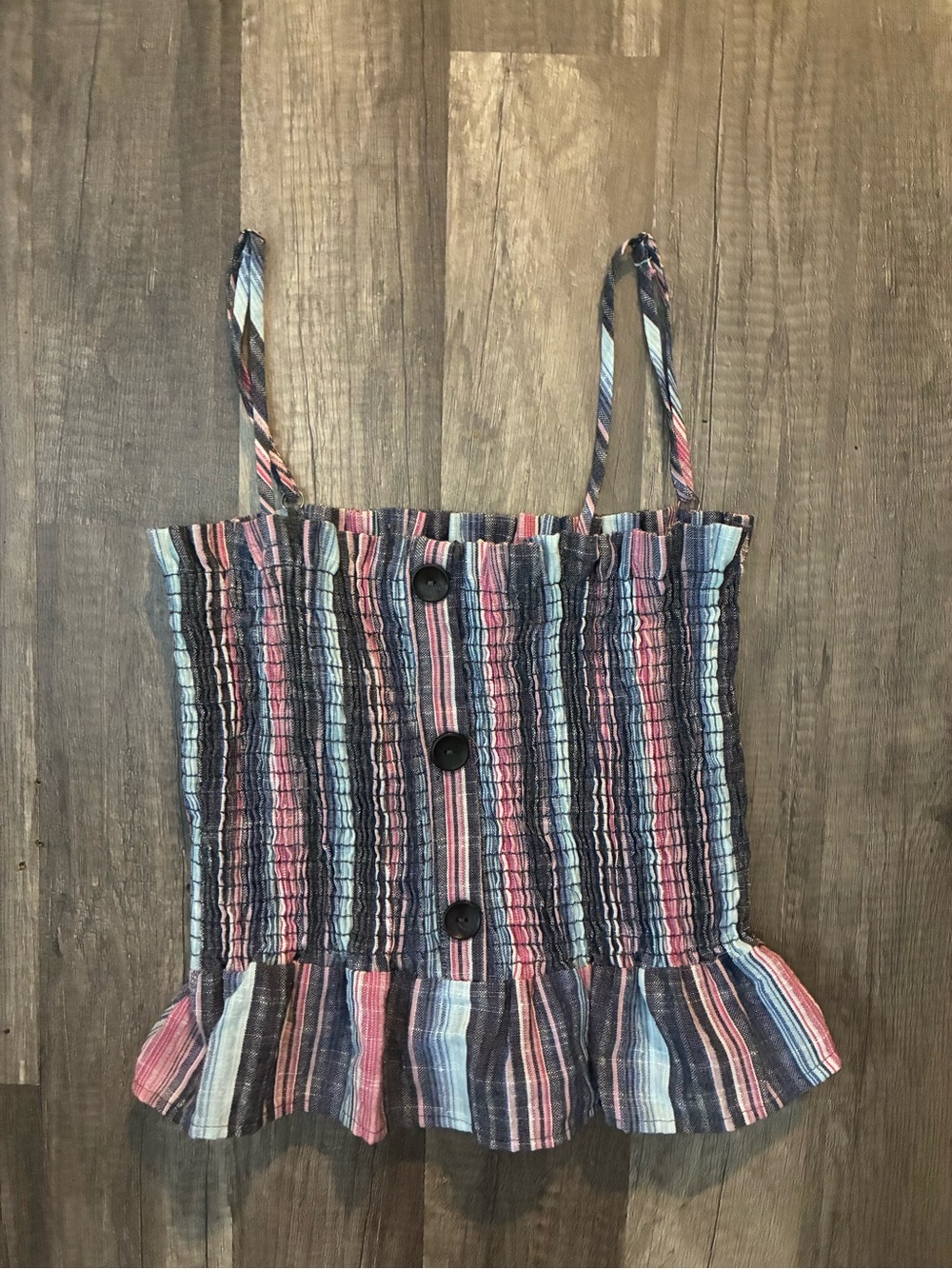 Peach Love California Striped Smocked Cami in Navy, Pink & Light Blue